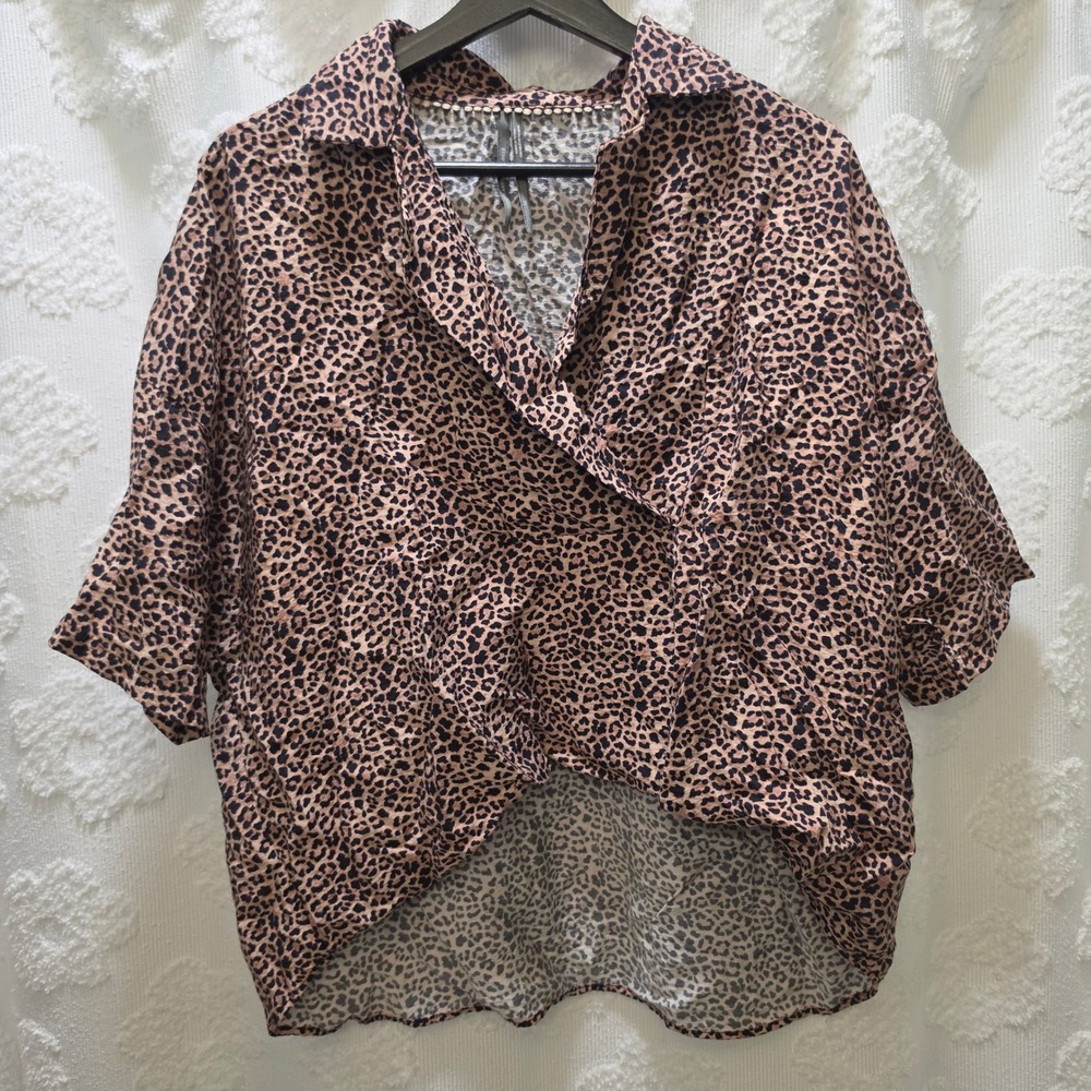 Anthropologie Leopard Print Surplice Crossover Blouse Tan Brown XS Animal Print